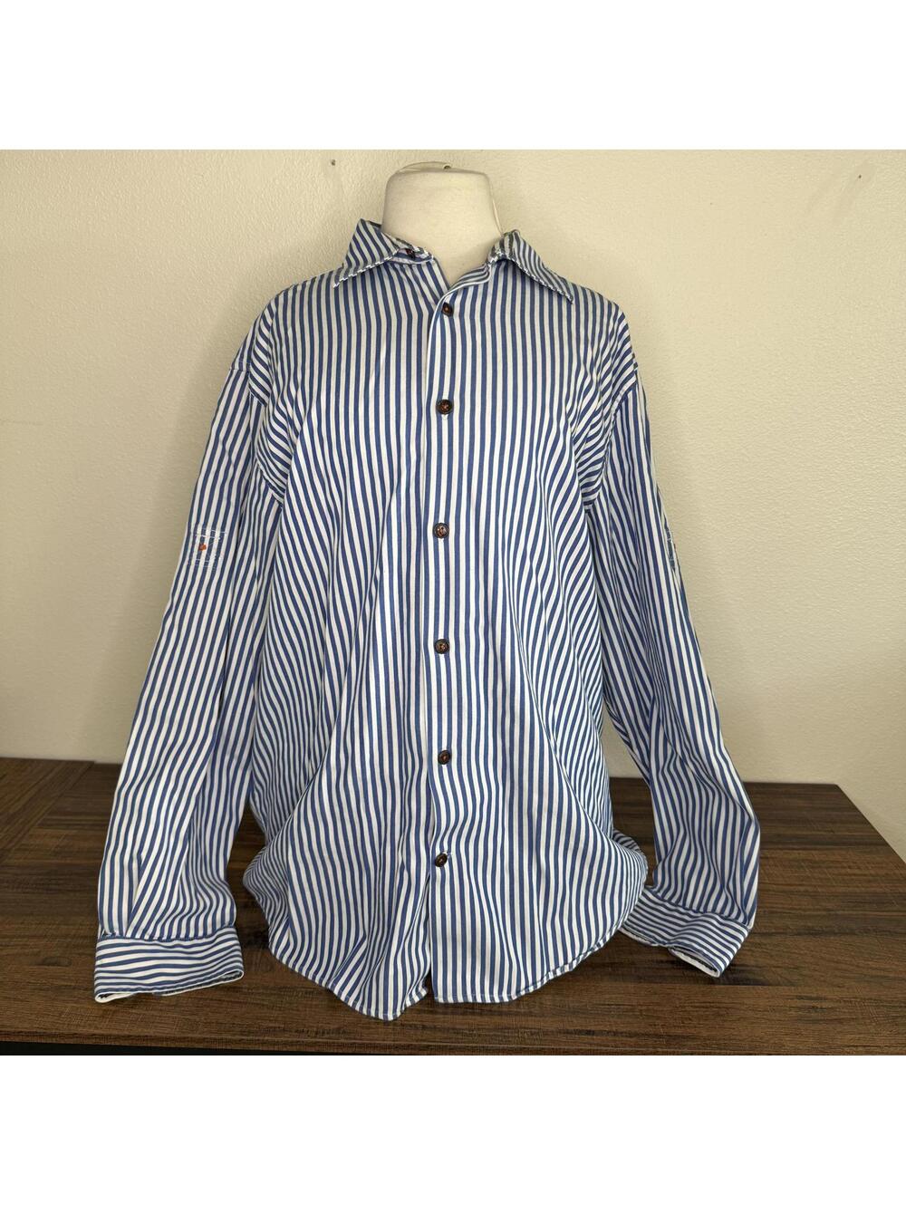 Michael Kors Blue and White Striped Button-Up Men's Shirt Large